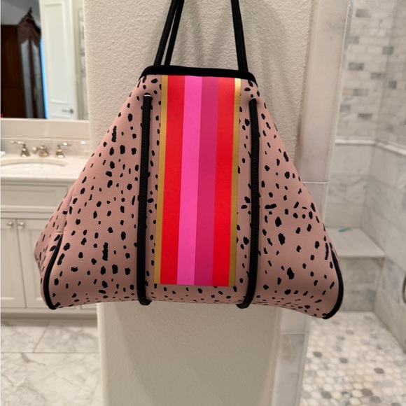 Pink and Black Polka Dot Tote with Bold Stripe - Picture 1 of 5